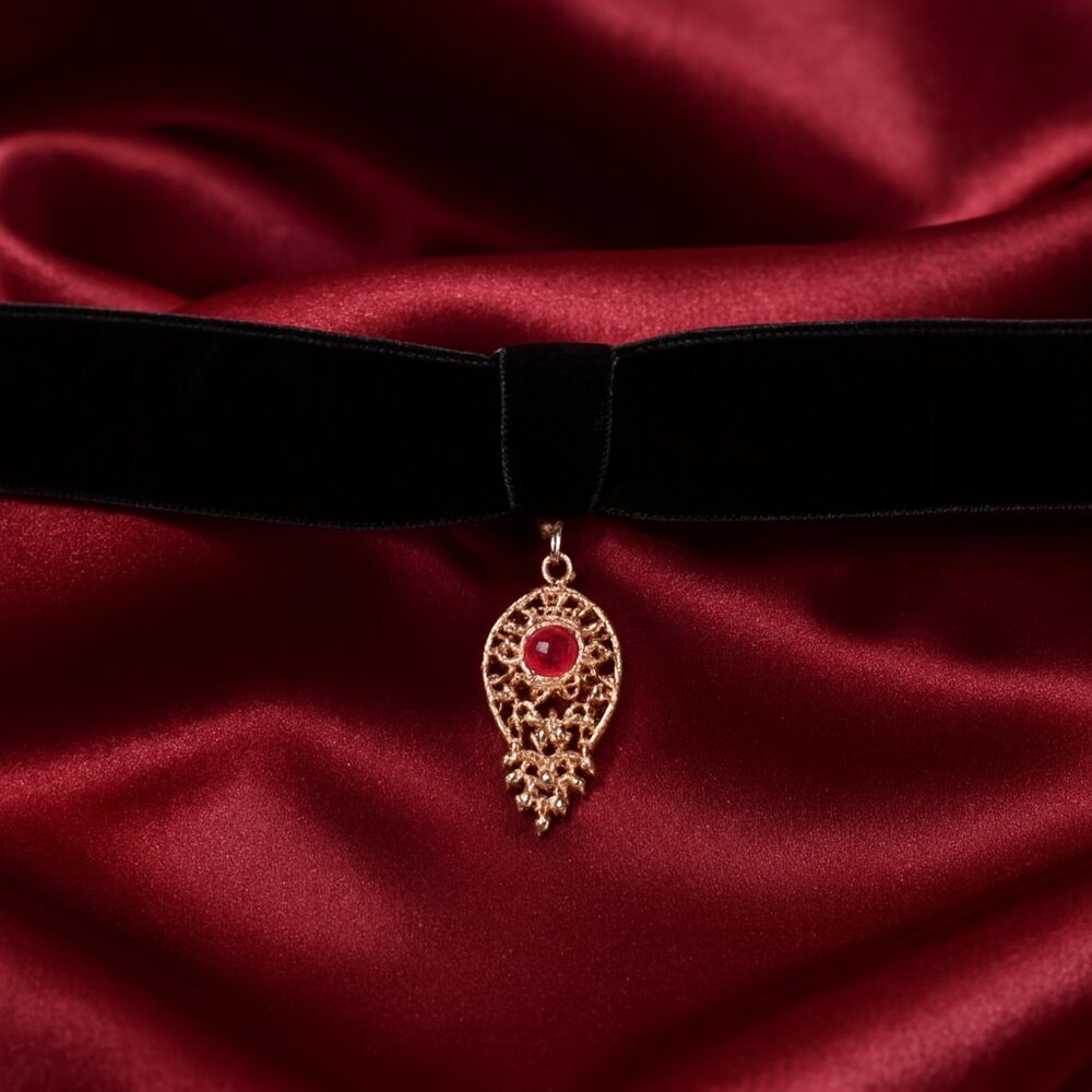 Women"s Gold Filigree Red Gemstone Pendant  Black Velvet Choker – Gothic Jewelry